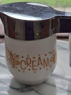 Vintage GEMCO Gold Butterfly Gold Chrome Flip Lid White Milk Glass Creamer